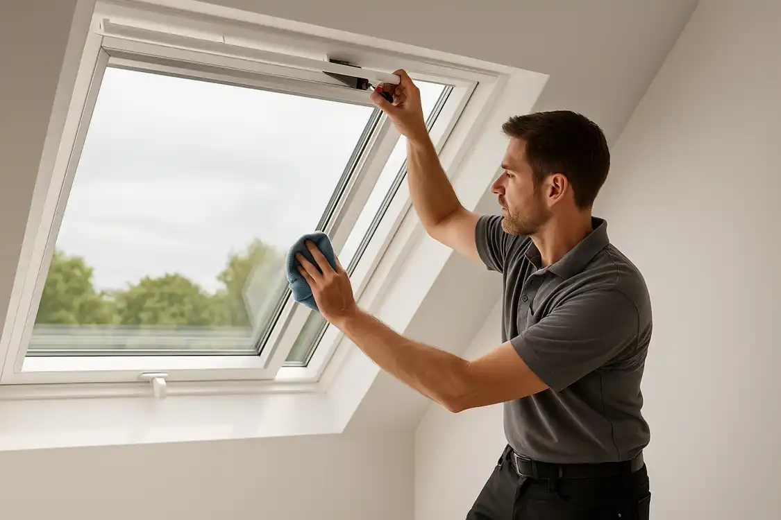 Szakember karbantartást és tisztítást végez egy VELUX tetőablakon