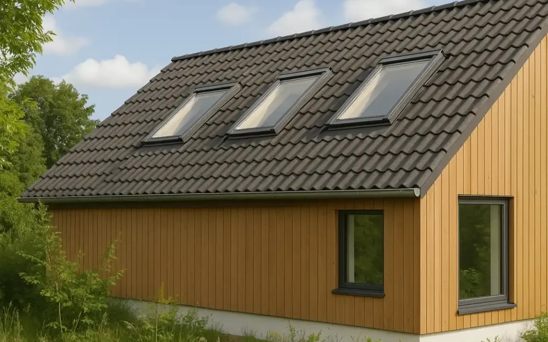Környezetbarát modern ház három beépített VELUX tetőtéri ablakkal, fából készült homlokzattal és cseréptetővel, zöld növényzettel körülvéve.