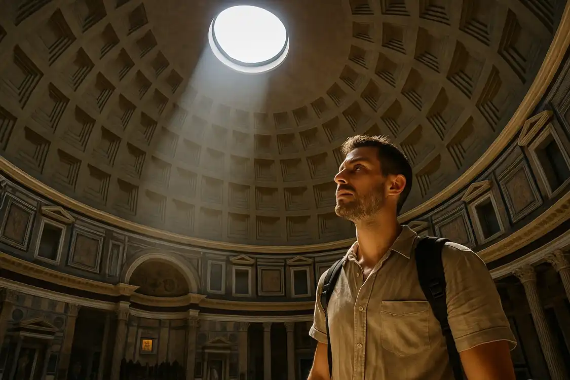A Pantheon belső tere Rómában, az oculuson keresztül beáramló természetes fénnyel és szellőzéssel – a passzív építészet klasszikus példája