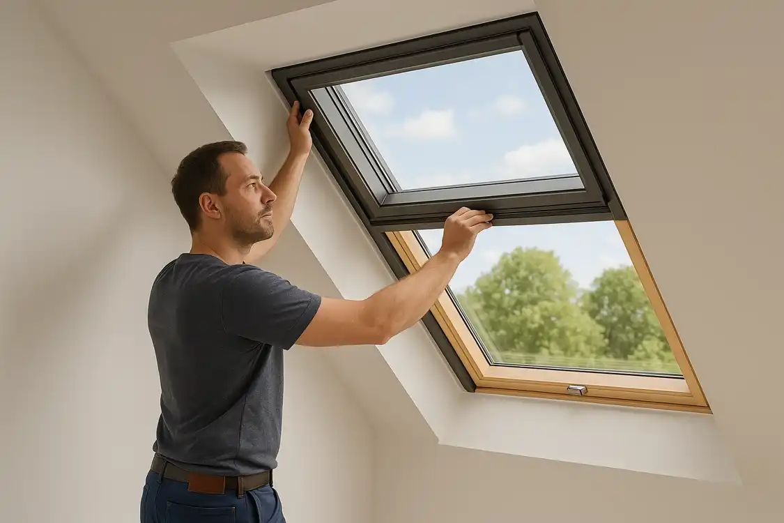 Férfi nyit egy VELUX tetőtéri ablakot egy világos, modern belső térben – természetes szellőztetés és hőkiegyensúlyozás céljából.