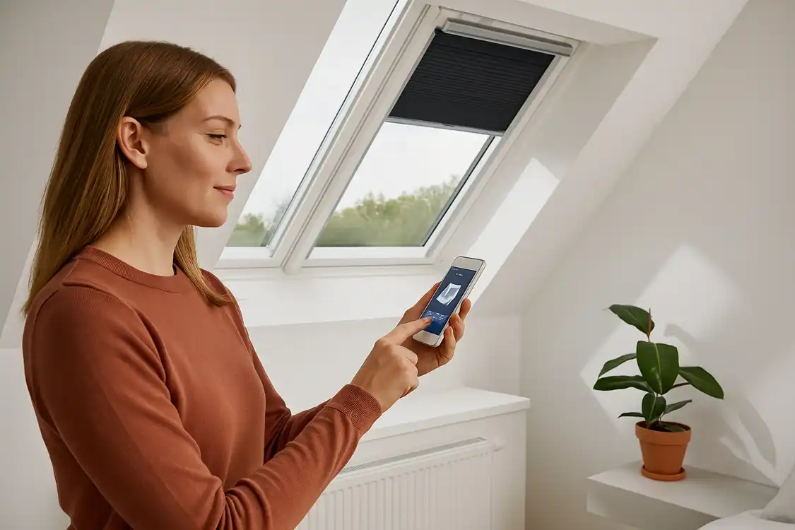 Nő okostelefonnal vezérel egy VELUX tetőablakot távolról – modern tetőablak okosfunkcióval és Wi-Fi kapcsolattal