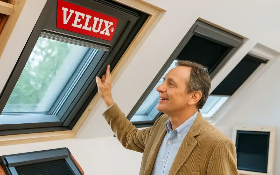 Idősebb férfi VELUX tetőablakot mutat egy bemutatóteremben – a tetőablak márka nemzetközi jelenléte és minősége