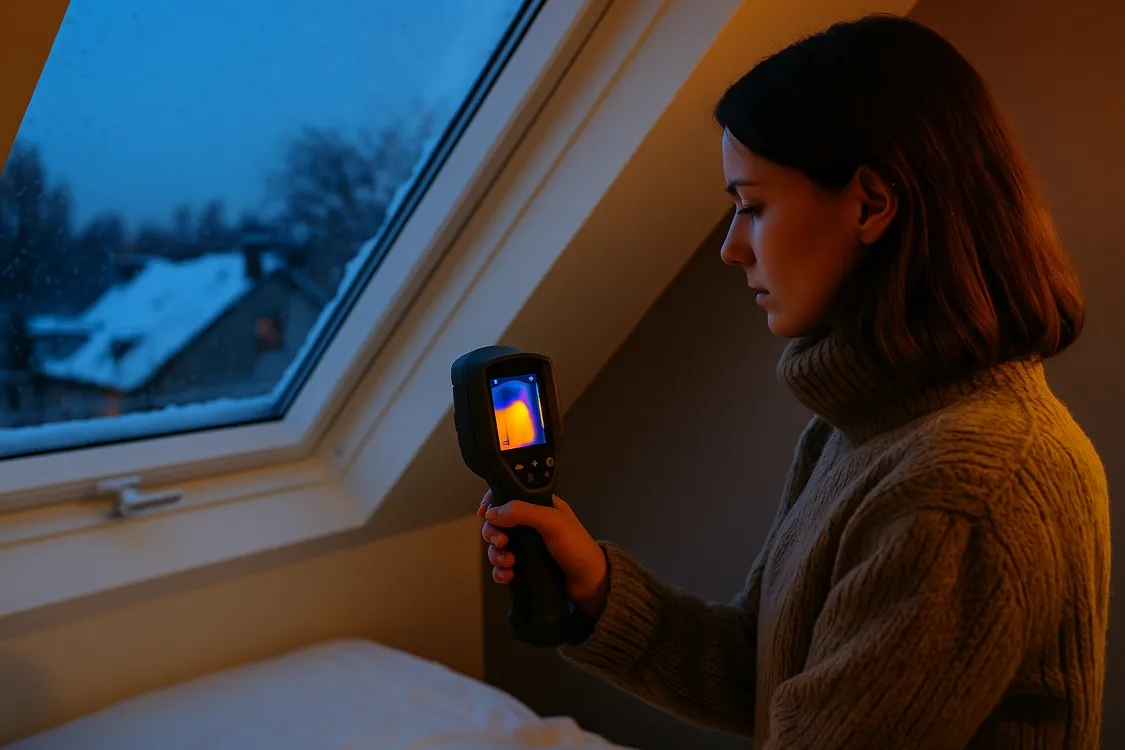 Hőkamera vizsgálat tetőtéri ablaknál télen – hőszivárgás és gyenge szigetelés feltérképezése.