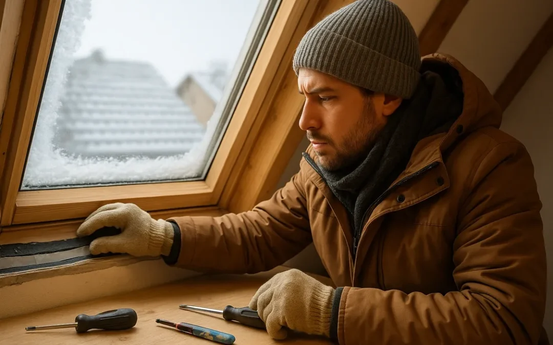 Tetőablak szigetelés ellenőrzése télen – szerelő a tok és az üveg találkozását vizsgálja, hőhíd és huzat felmérése.
