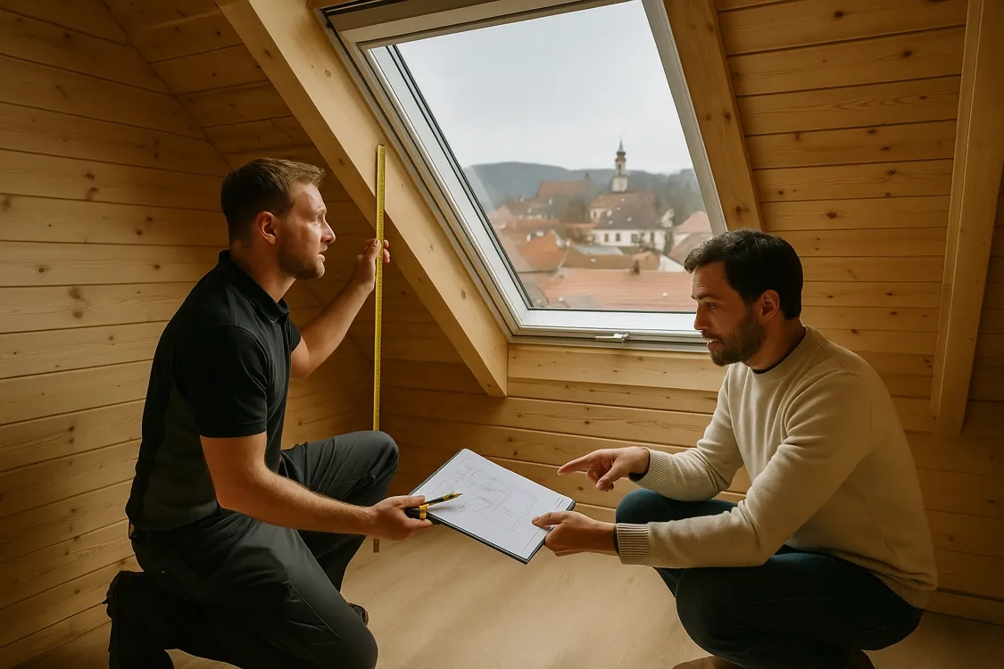 Tetőablak felmérés és méretvétel Szentendrén – szakember és ügyfél a tetőtérben, tervrajzzal a fa burkolatú ablaknál