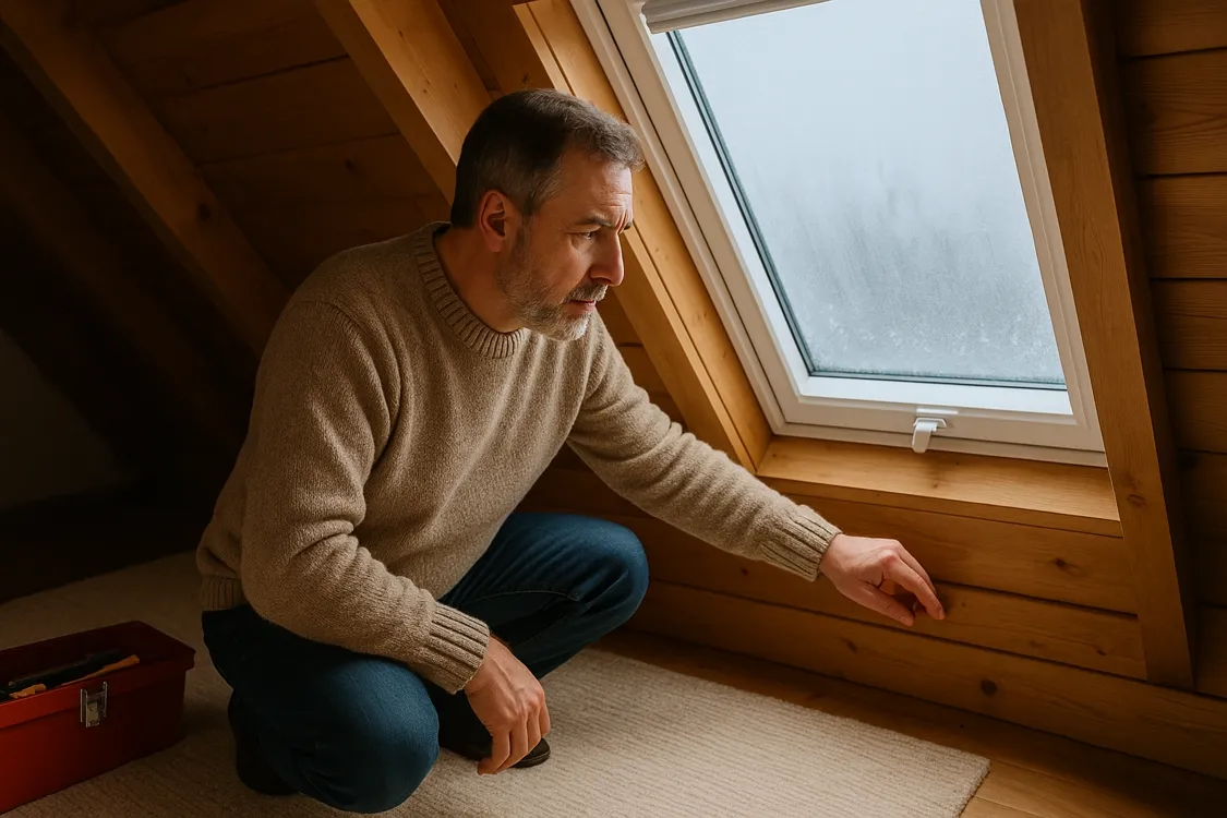 Tetőtéri szobában térdelő férfi a párásodó tetőablak fa burkolatát ellenőrzi beázás jelei után