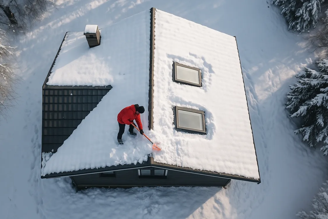 Tetőablakos családi ház téli felülnézetben, szakember hóeltávolítást végez a tetőről a biztonságos tetőablak környezetért.