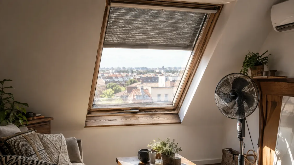 Régi tetőablak külső árnyékolóval és ventilátorral egy napos, meleg tetőtéri helyiségben
